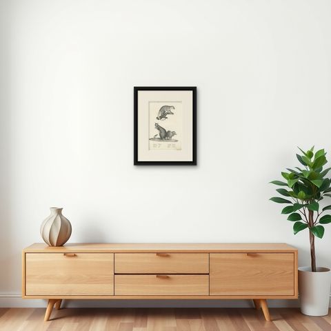 Antique Print Showing the Phalanger and the Striped Kangaroo in Australia, 1825, shown framed on a wall