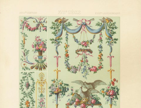 Rococo Floral Garland Design, 18th-Century French Ornament with Doves, 1869, close-up 2