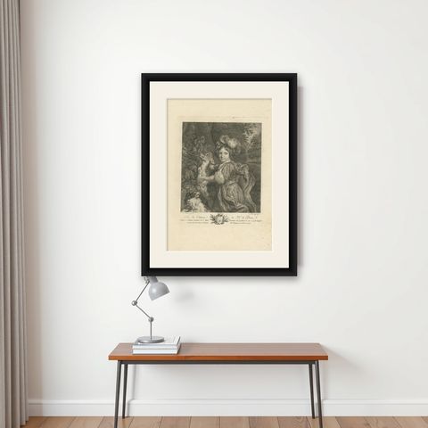 Antique Print of a Child, Deer and a Dog by Le Brun 1792, shown framed on a wall