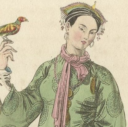 Old Print of a Chinese Lady Holding a Bird in Front of a Pagoda in China, c.1820, close-up 2
