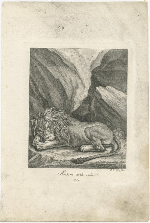 Antique Print of a sleeping Lion in a mountainous landscape, view 2