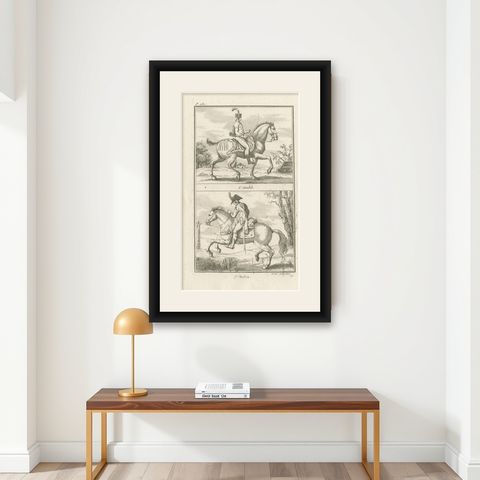 Antique Horse Riding Print - l'Amble - l'Aubin, shown framed on a wall