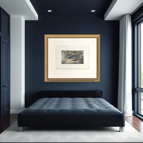 Antique Bird Print of The Pied Wagtail by Bonhote, 1907, shown framed in a room