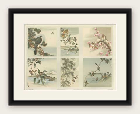 Antique Japanese Bird and Landscape Print: Six Panels of Nature’s Harmony, 1882, shown framed