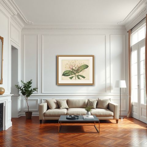 Antique Botany Print of the Ixora Hookeri Plant by Oudemans, circa 1865, shown framed in a room