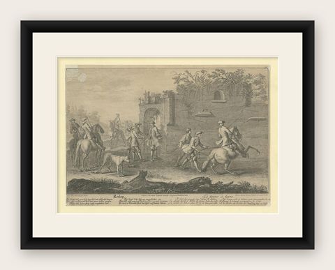 Antique Horse Print of a Redopp/Terre à Terre Training by Ridinger, 1722, shown framed