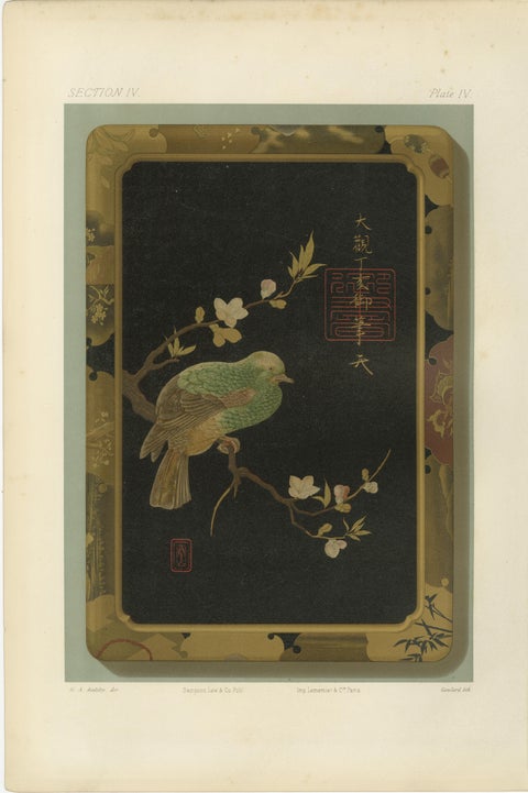 Japanese Bird and Blossom Lacquer Tray: Antique Lithograph, 1880s, view 2