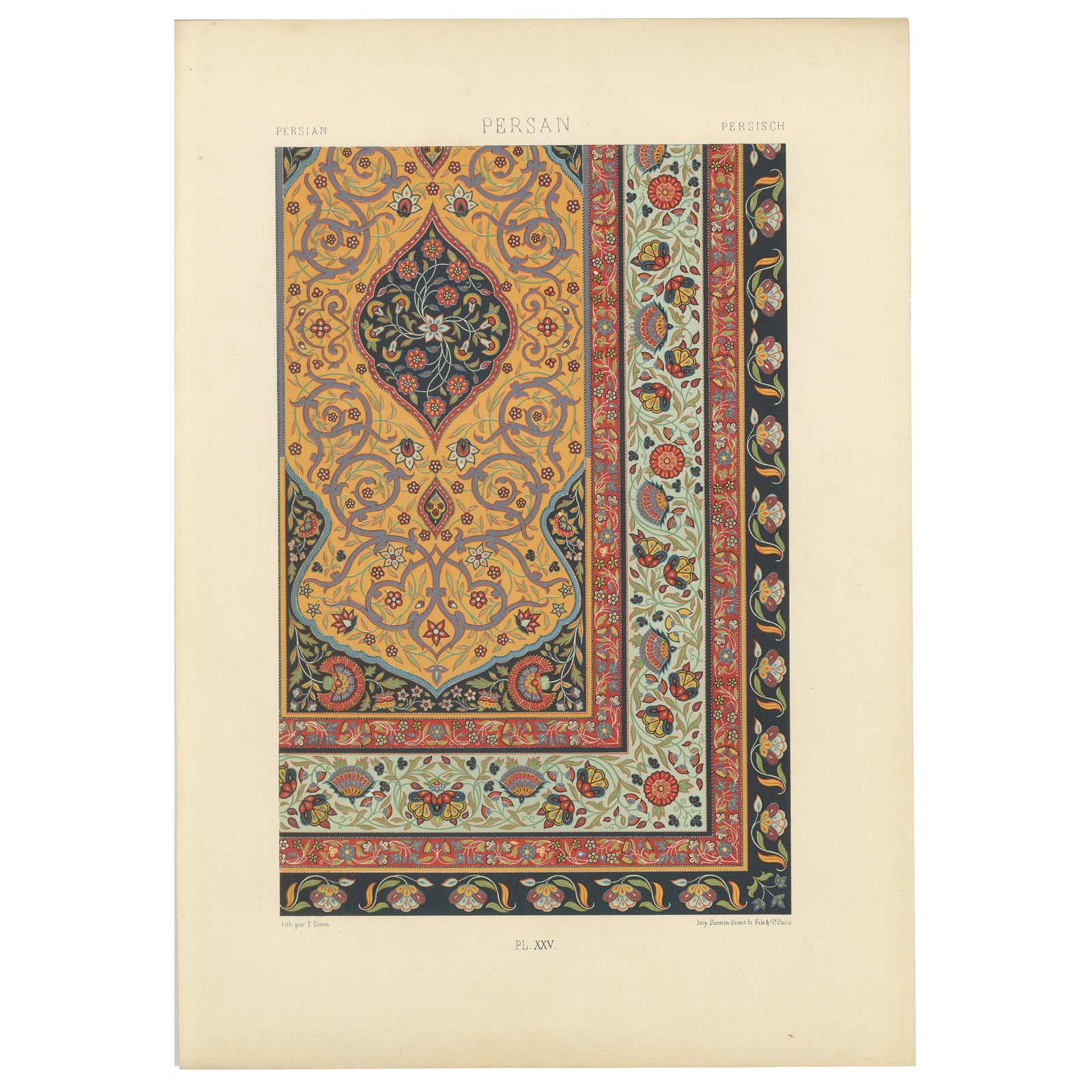 Persian Carpet Border Print, Antique Lithograph of Floral Rug Ornament, c.1869