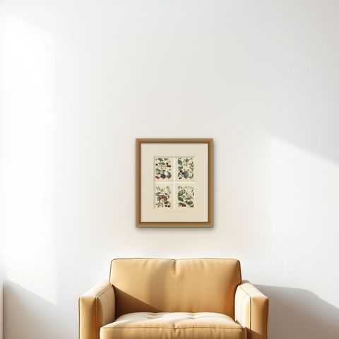 Antique Cherry Botanical Chromolithographs, Set of Four, Calwer 1854, shown framed on a wall