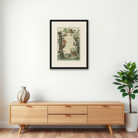 Rare Dutch Bird Print, Hoopoe, Bullfinch, Linnet and Quail, ca. 1770–1829, shown framed on a wall
