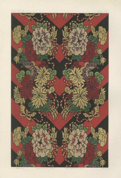 Japanese Floral and Butterfly Textile Pattern: Antique Lithograph, 1880s, close-up 4