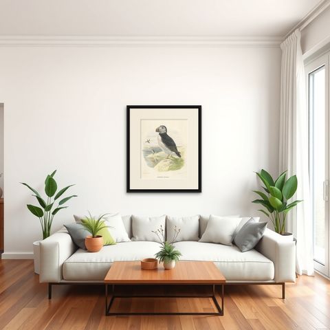 Spectacular Rare Large Antique Bird Print of The Large-Bill Puffin, 1868, shown framed in a room