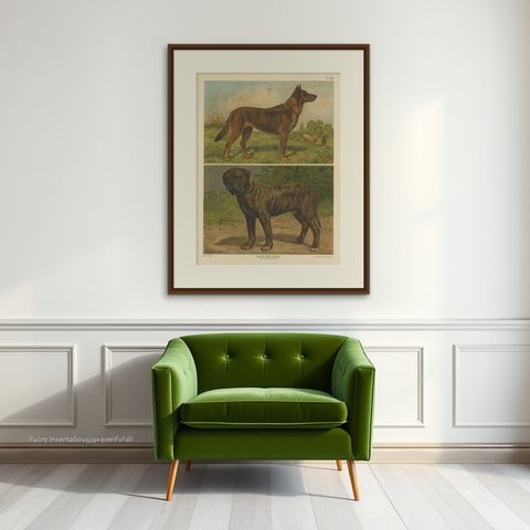 Large Antique Dog Poster, Shepherd and Mastiff by Briedwiser c.1880, shown framed on a wall