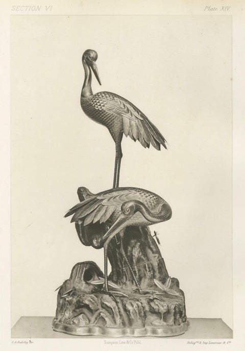 Elegant Cranes on Ornamental Base, Heliographic Japanese Art by Audsley, 1884, close-up 4