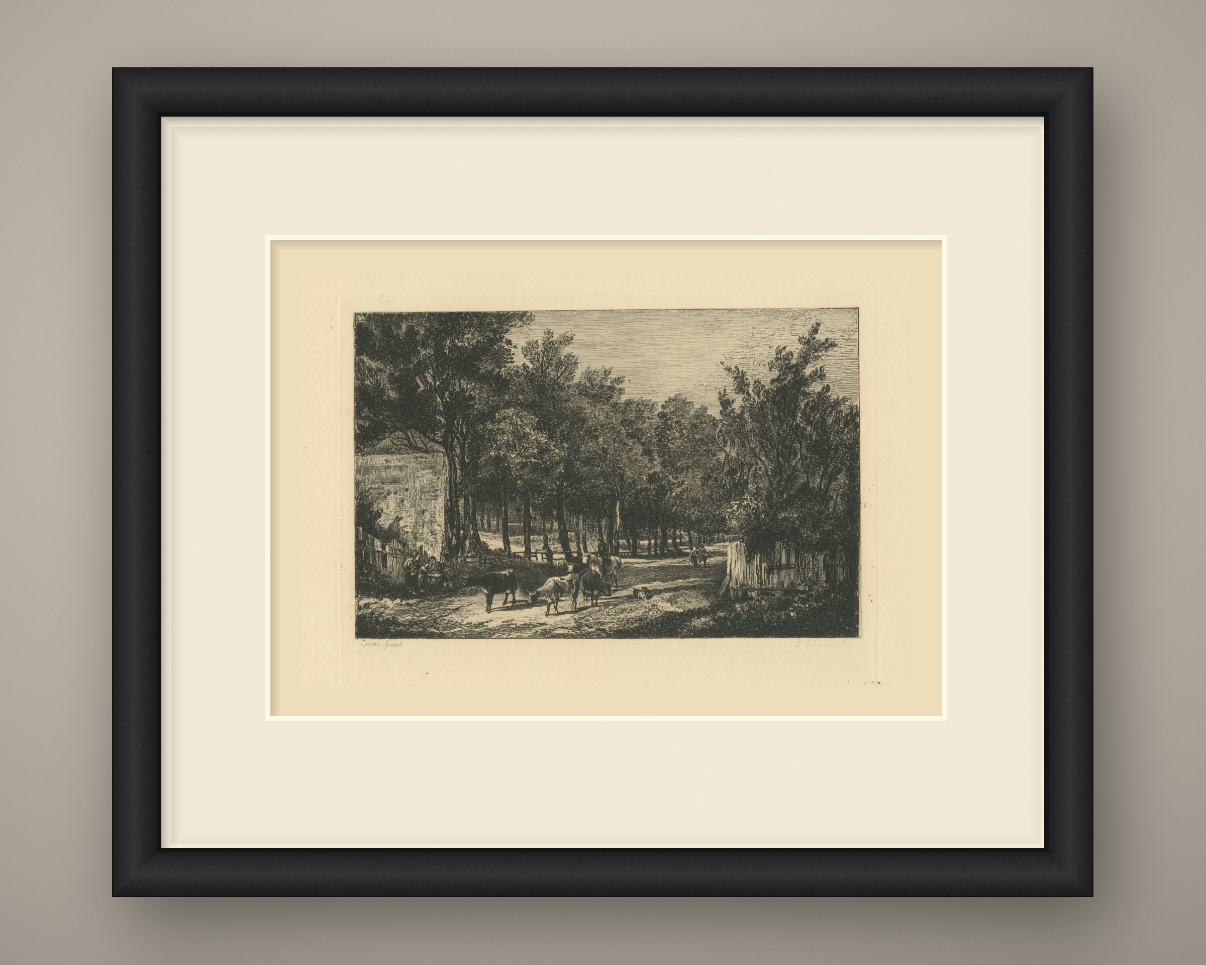 Lane with Cattle after John Crome, Antique Etching by Chattock, circa 1875, shown framed