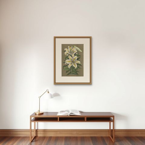 Antique Botany Print of the Lilium Auratum by Van Houtte, 'circa 1862', shown framed on a wall