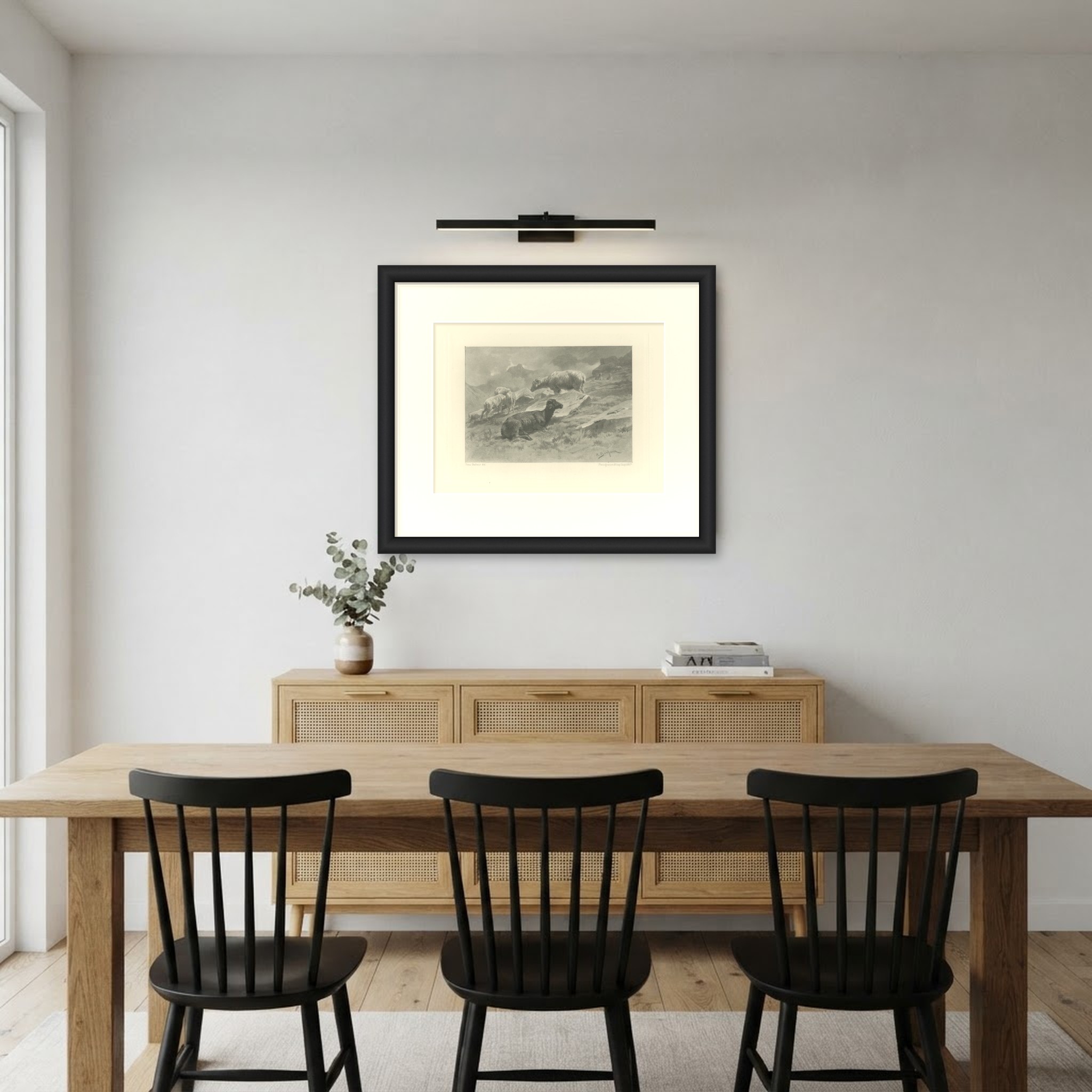 Sheep in a Mountain Landscape after Rosa Bonheur, Photogravure, circa 1880, shown framed in a room