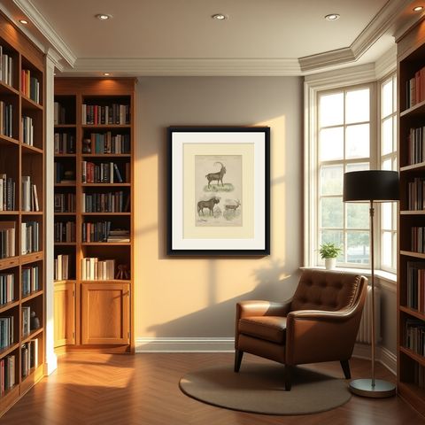 Pl. 19 Antique Print of a Goat, Gnu and Antelope by Richardson 'circa 1860', shown framed in a room