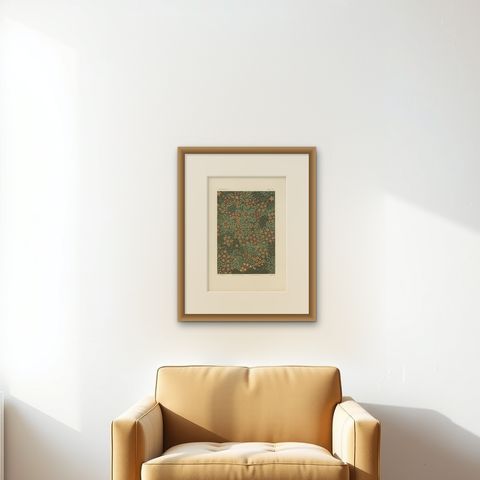 Antique Chromolithograph of Japanese Cloisonné Enamel, Floral Jar Surface, 1882, shown framed on a wall