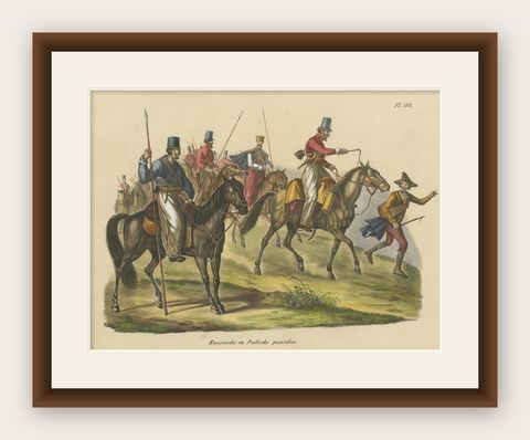 Antique Hand Colored Print of Russian and Polish Horses, shown framed