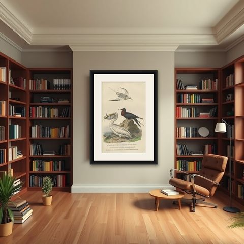 Hand-colored Print of a White Pelican, Frigate Bird and Red-Tailed Tropic Bird, shown framed in a room