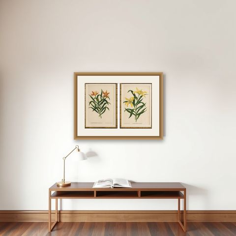 Pair Antique Botanical Lithographs, Lilium Partheneion & Coridion, 1856, shown framed on a wall