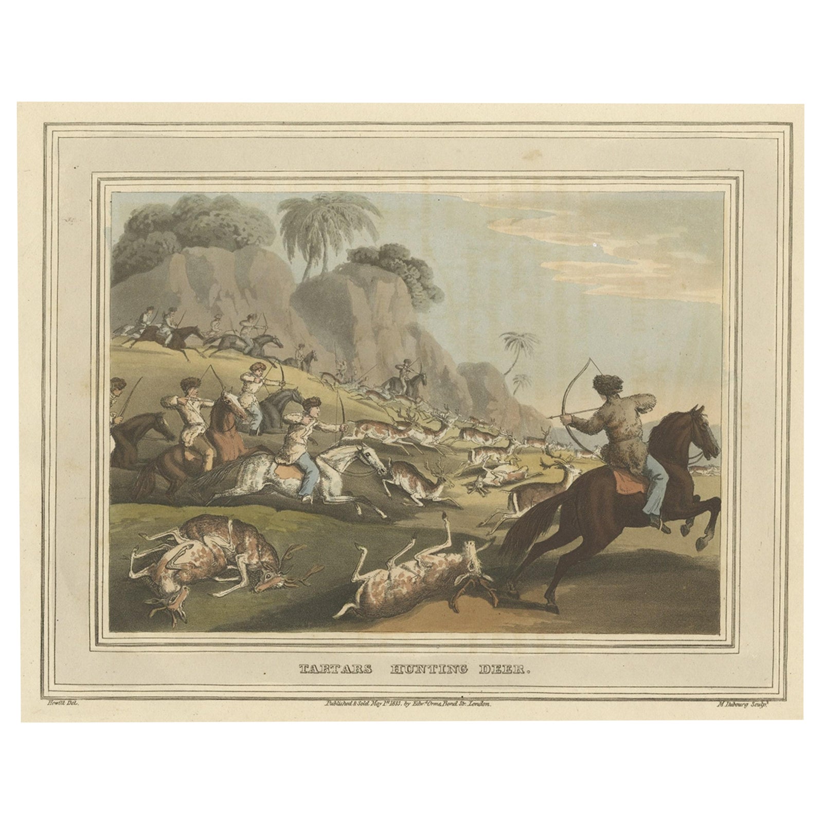 Decorative Hand-Colored Antique Print of Tartars Hunting Deer in Russia, 1813