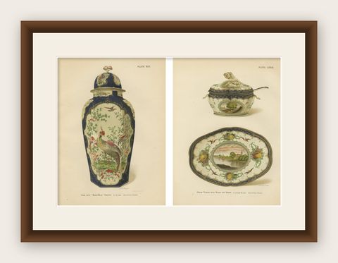 Pair of Worcester Porcelain Vase Designs, Pheasant & Panels, Gold Decorated 1910, shown framed