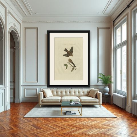 Twite, Fringilla Flavirostris, Antique Hand-Coloured Bird Print, 1809, shown framed in a room