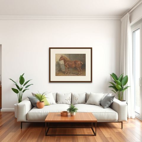 Antique Print of the Suffolk Horse by O. Eerelman, 1898, shown framed in a room