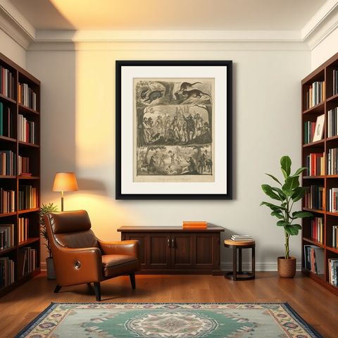 Badger and Otter Hunt, Antique German Engraving, circa 1840, shown framed in a room