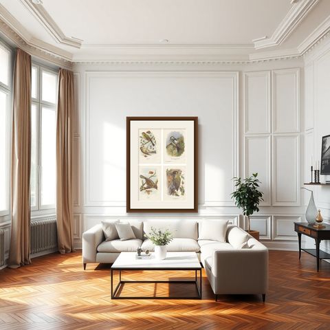 Set of 4 Antique Bird Prints Siskin, Woodpecker, Wryneck, 1901, shown framed in a room