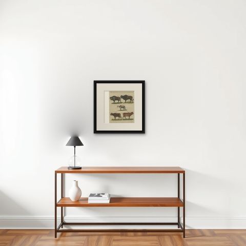 Antique Yak, Indian Cattle, Buffalo & Musk Ox Engraving, Bertuch, 1796, shown framed on a wall