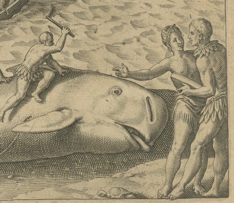 The Whale Harvest of St. Mary's Island - Copper Engraving by de Bry, 1601, close-up 4