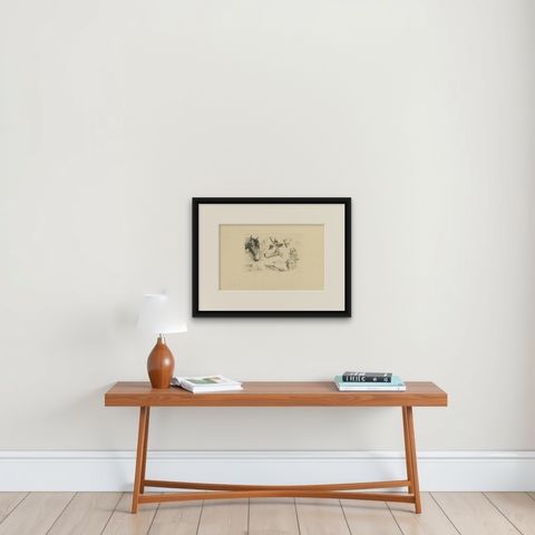 Detailed Etching of Horse, Cow, Goat, and Sheep Heads by Oberman, 1809, shown framed on a wall