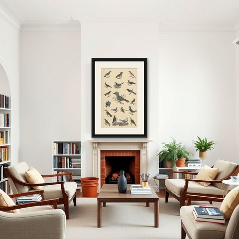 Antique Bird Print of Various Bird Species, c.1852, shown framed in a room