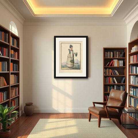 Antique Print of a Woman Harvesting Grapes 'circa 1880', shown framed in a room