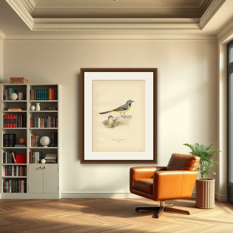 Antique Bird Print of the Grey Wagtail by Von Wright, 1927, shown framed in a room