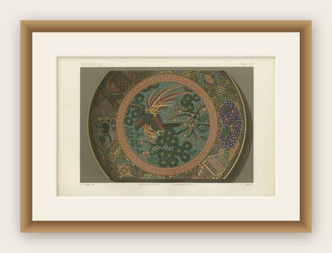 Decorative Plate with Phoenix and Floral Motifs - Japanese Art by Audsley, 1884, shown framed