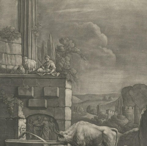 Large Antique Engraving of a Pastoral Scene with Cows and Sheep, c.1770, close-up 2