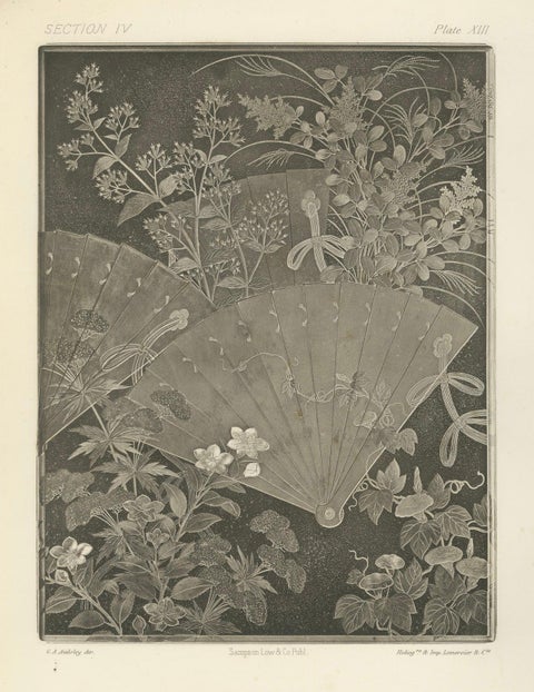 Japanese Fans and Floral Heliogravure Print by G. A. Audsley, Paris, c. 1880, close-up 5