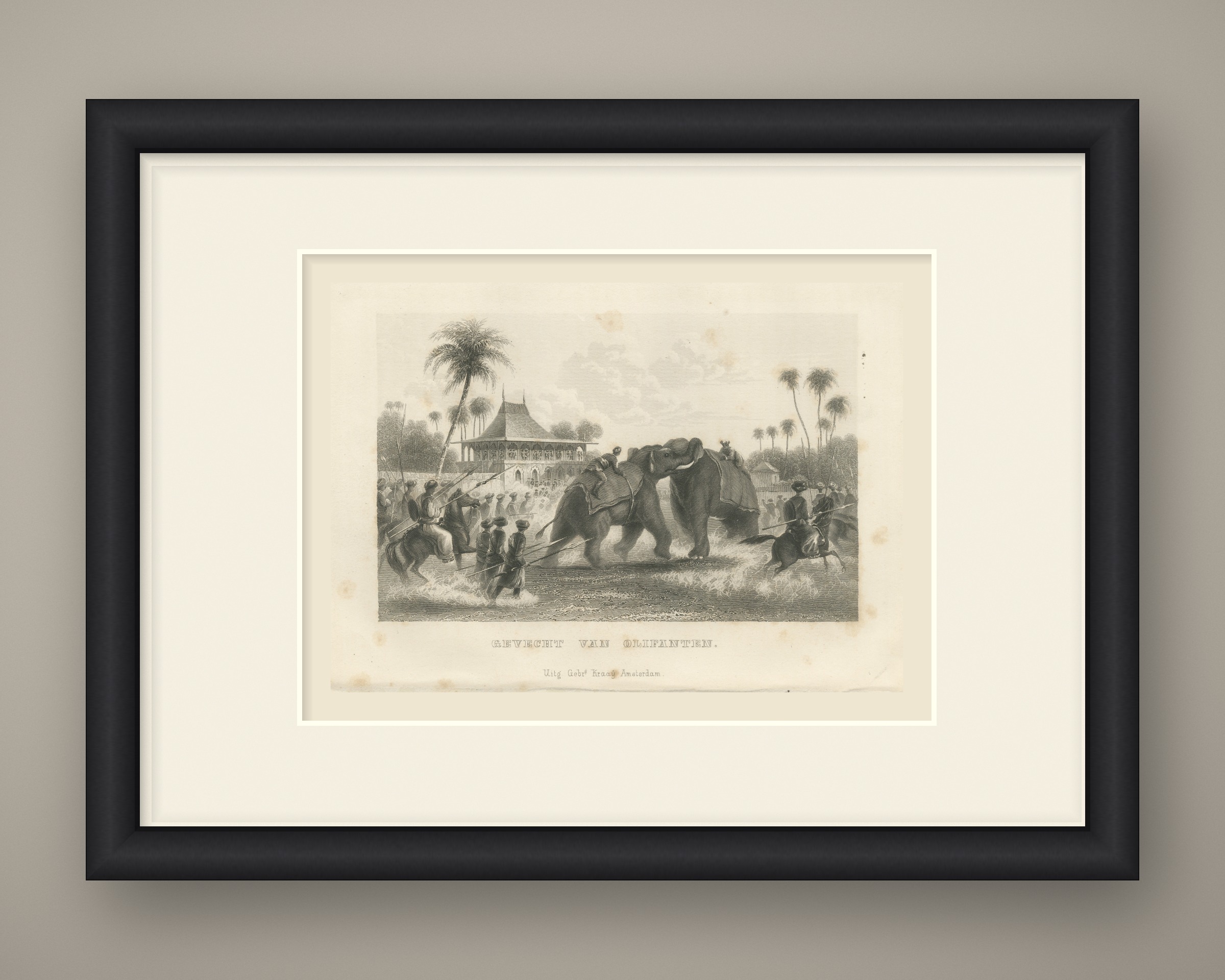 Elephant Fight in India, Spearmen and Horsemen, Antique Engraving, 1859, shown framed