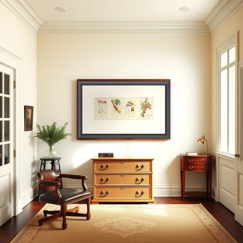 Floral Collection: Coral Drops, Prairie Gentian, Monkey Orchid, Bellflower, 1875, shown framed in a room