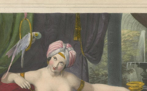 Orientalist Lithograph of Reclining Woman with Parrots, Ulrika, c.1840, Berlin, close-up 4