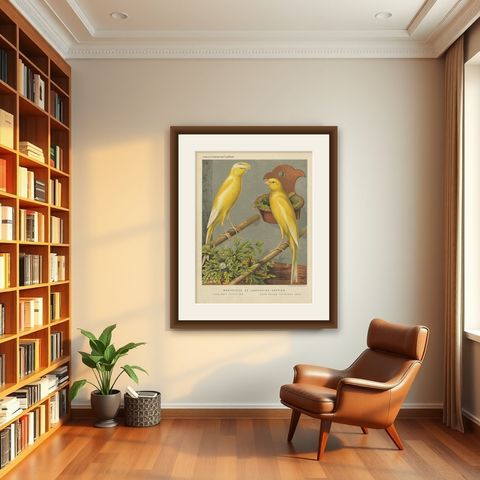 Antique Bird Print of the Manchester or Lancashire Coppies, circa 1880, shown framed in a room