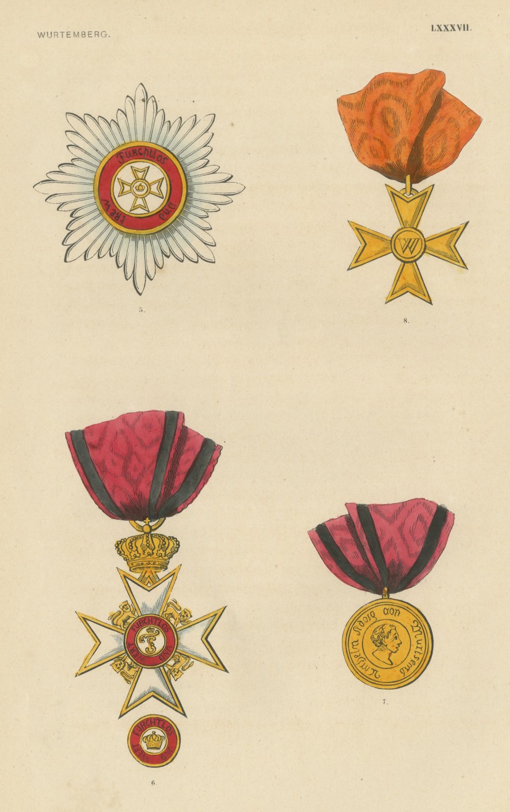 Orders of Württemberg, Cross with Lions and Medals, Plate LXXXVII, 1844