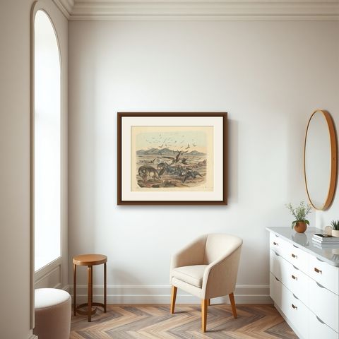 Antique Print of a Zebra Hunt with Hyena species and many Vultures, 'c.1860', shown framed in a room