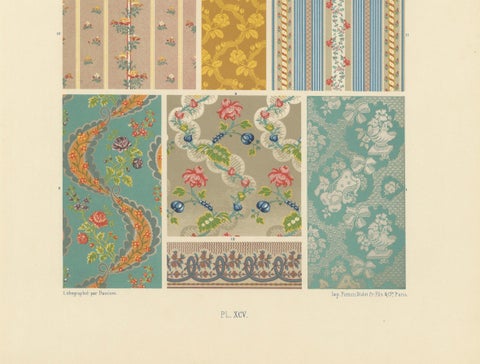 18th Century French Textile Patterns, Floral and Striped Rococo Fabrics, 1869, close-up 1