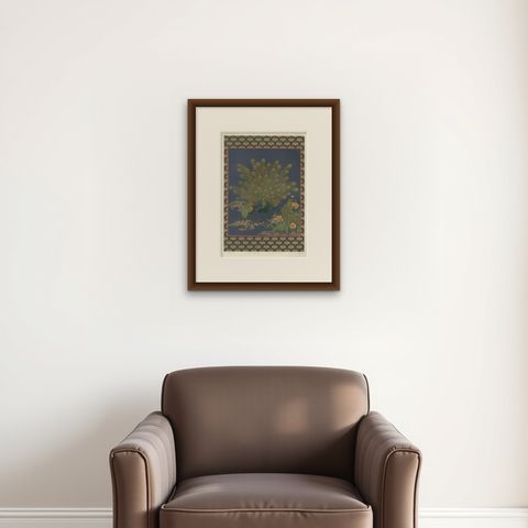Japanese Peacocks in Full Plumage: Antique Lithograph, 1880s, shown framed on a wall