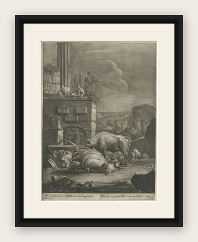 Large Antique Engraving of a Pastoral Scene with Cows and Sheep, c.1770, shown framed